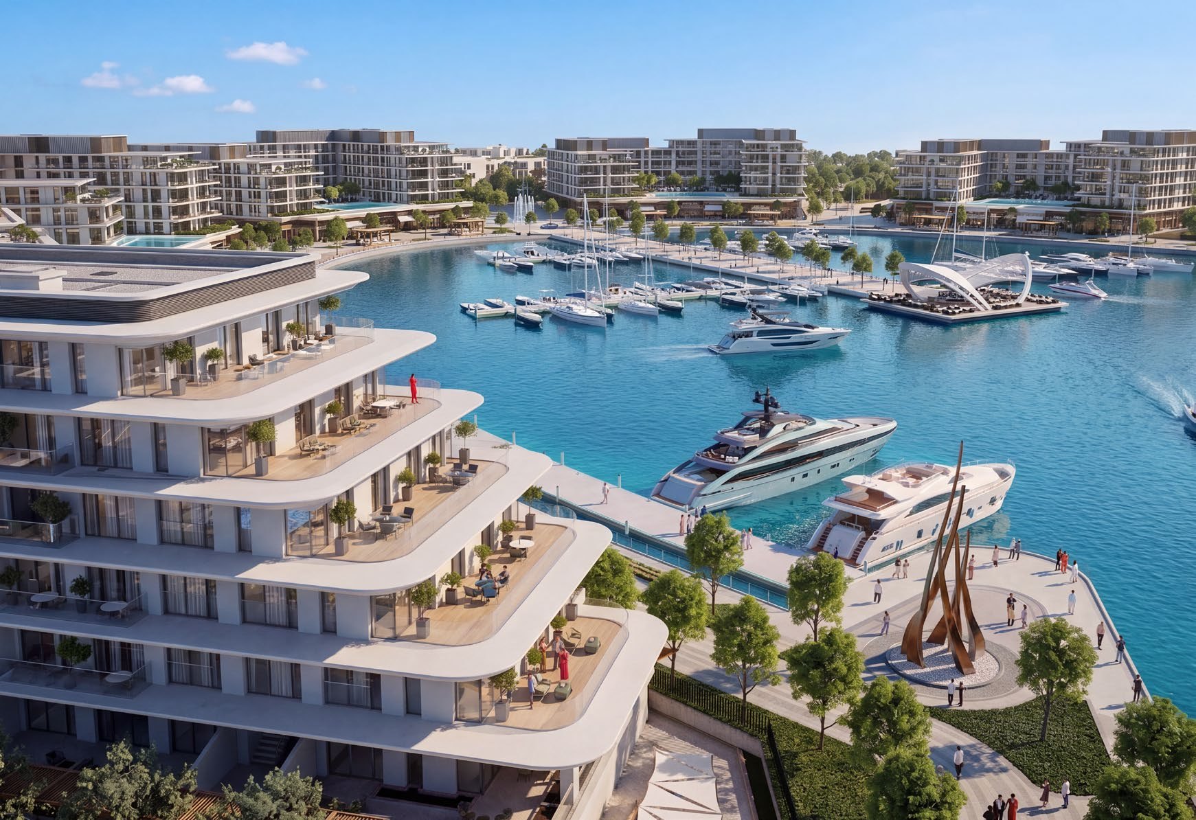 The Bristol's terraced residences stepping down to Ramhan Island's marina, with yachts moored below