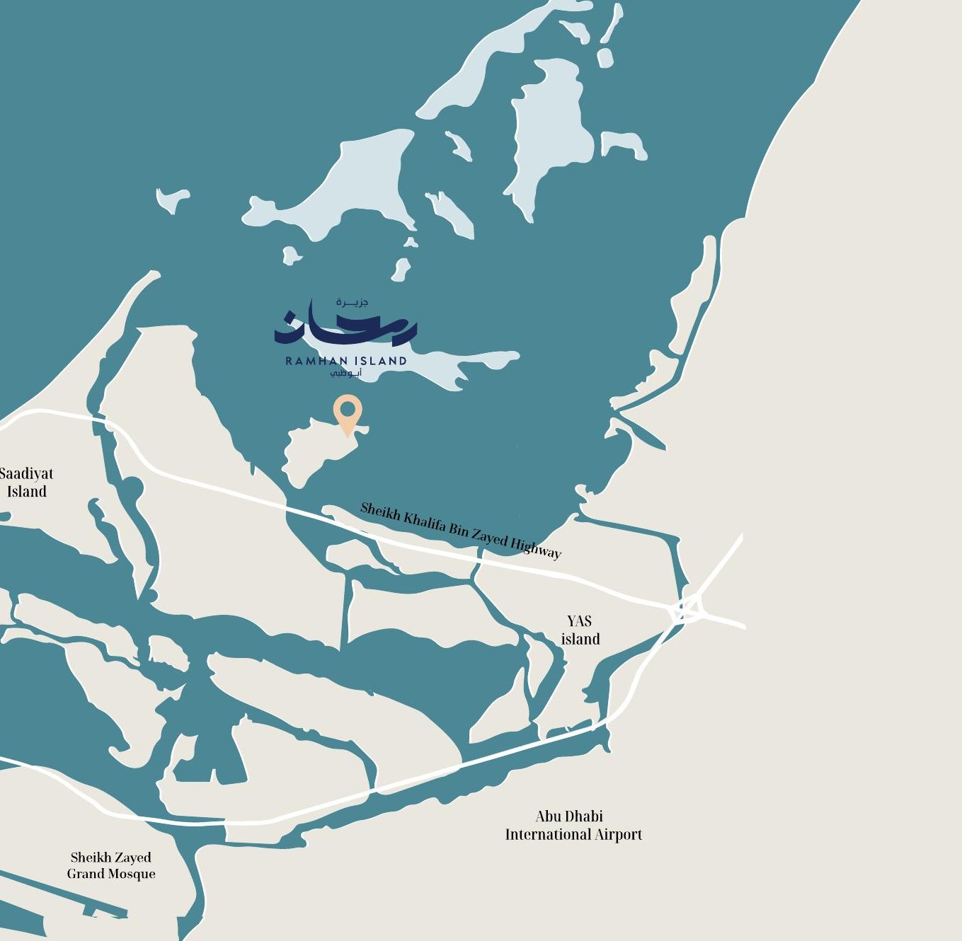 Eagle Hills' location map: Ramhan Island off the Abu Dhabi coast, with Saadiyat Island, Yas Island, Zayed International Airport, Sheikh Zayed Grand Mosque and Sheikh Khalifa Bin Zayed Highway