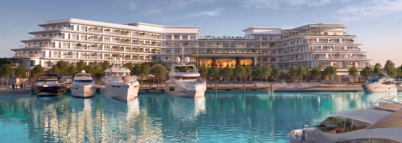 The Bristol across Ramhan Island's marina, yachts moored below the residences