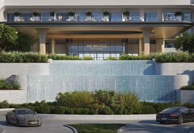 The arrival court at The Bristol, Ramhan Island, with its cascading water wall