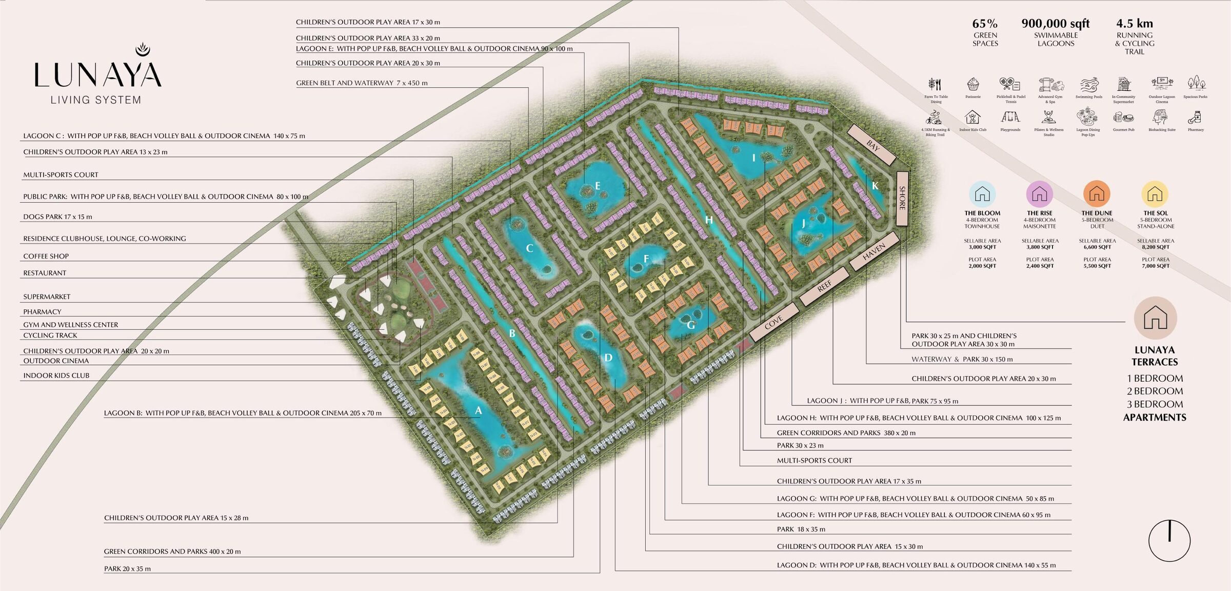 Lunaya masterplan: villa clusters A to K around lagoons, with the Terraces buildings Cove, Reef, Haven, Shore and Bay along the edge