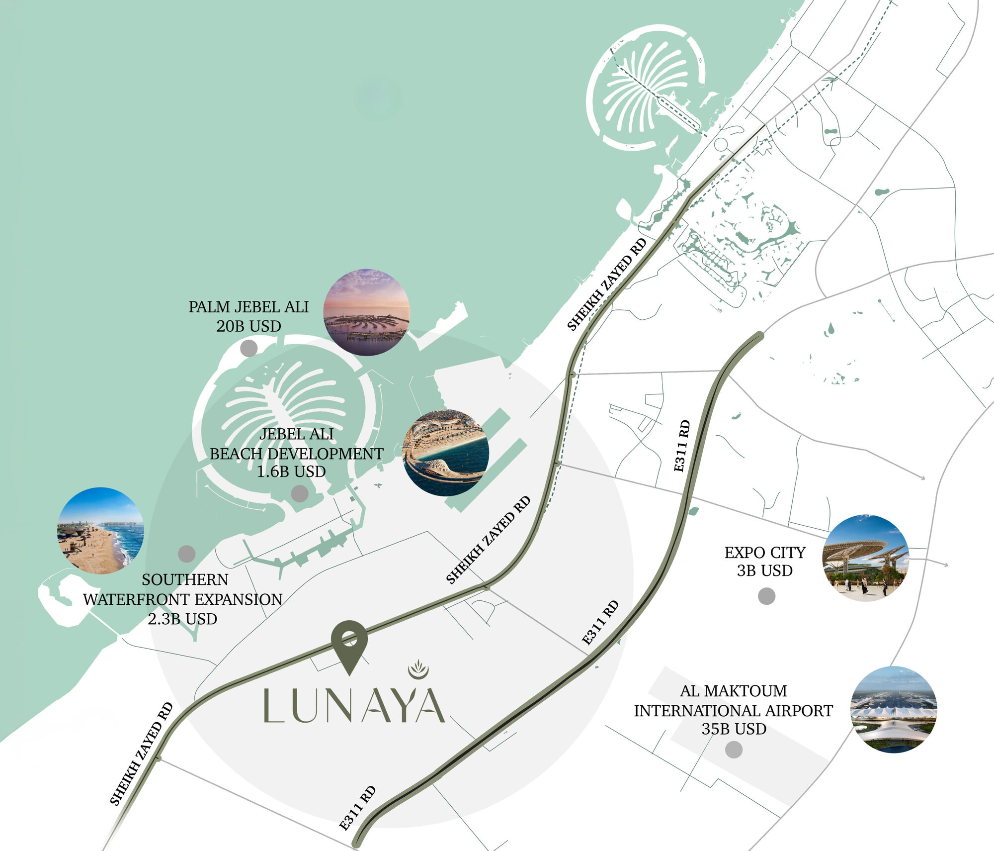 The developer's map of the Jebel Ali corridor: Lunaya beside Sheikh Zayed Road, with Palm Jebel Ali, the Jebel Ali beach project, Expo City and Al Maktoum International Airport around it