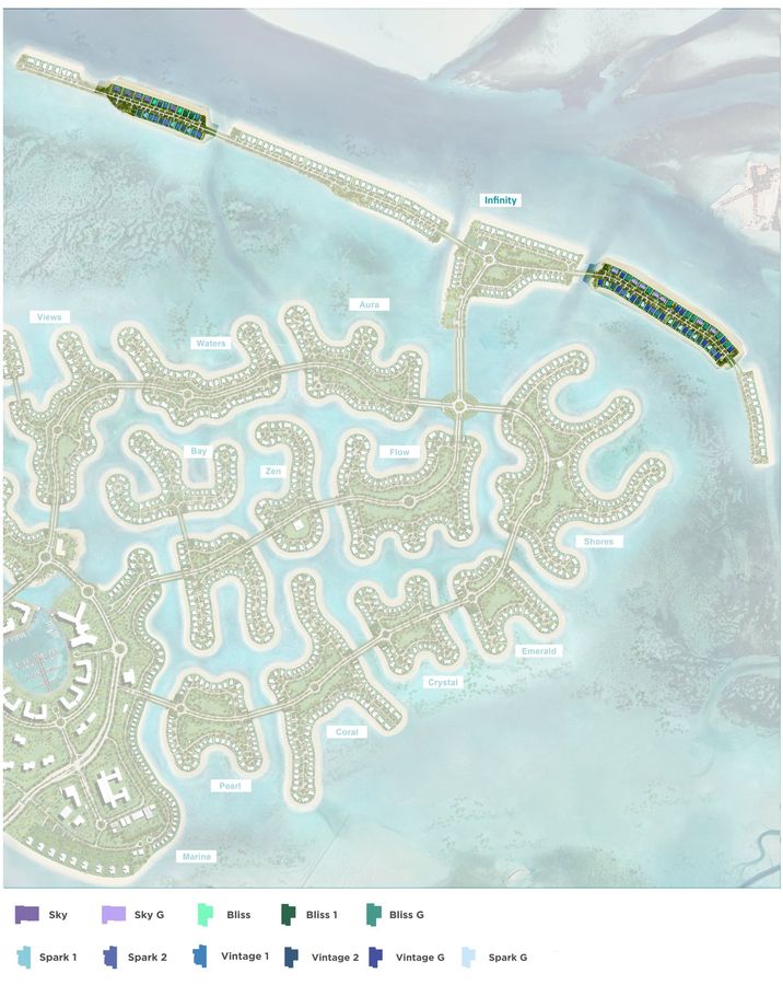 Eagle Hills' Ramhan masterplan: the Infinity island runs along the outer edge, with the two clusters of this release marked in colour