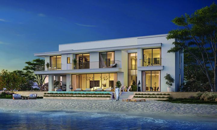 A Sky villa on the beach at dusk